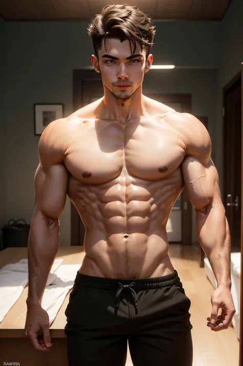 Descreva um jovem homem nu de corpo inteiro, with an impressive muscle structure that enhances your physical form. Seus cabelos ruivos caem suavemente sobre sua testa, and his green eyes sparkle with a mixture of curiosity and confidence. Her striking beau...