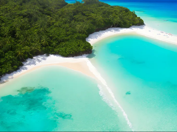 Image centered. Painting (Oil) of a virgin beach with white sand and crystalline waters, where exuberant coral reefs emerge like underwater gardens on the shore.