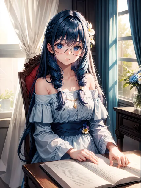 {curtains}, {window}, {1girl}, {glasses}, {long_hair}, {blue_hair}, {book}, {chair}, {solo}, {flower}, {indoors}, breasts, desk, off_shoulder, bespectacled, blue_eyes