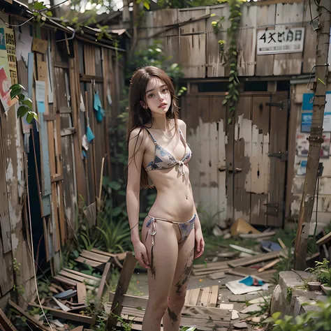 Abandoned dumps，Sexy standing pose，full-body portraits（1：1），18 years old girls，Slender and slender figure，Skinny，As thin as a whipping post，Smaller bust，The barefoot，Random nudity all over the body，exhibitionists，Random exposure of genitals，face to the vie...