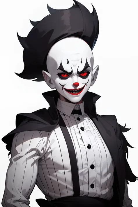 a clown character, tough character, clear lines and smooth, white background, dark theme, smile clown, contemptuous smile, mafia clothes, best design, best quality, vector, vector art, sharp lines, less details, sharper drawing, prominent drawing, (upper b...