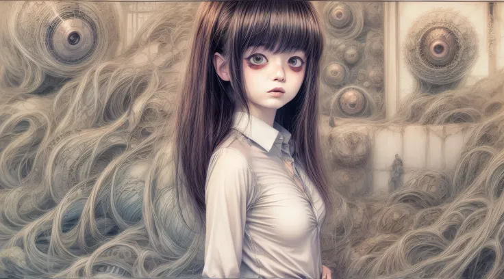 1girl, 22 years old, wearing white open silk fully unbuttoned see through shirt, jueri-anarupuragu, upskirt, thighhighs, monsters at backgroud, junji ito artwork, in style of junji ito, art style of junji ito, junji ito style, horror manga, yoshitaka amano...