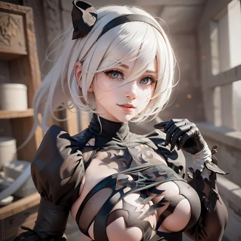 ((22 y.o Chica de negro (transparente:0.9)delantal)), 2b nier automata, ((Unidad Yorha no 2 tipo B)), (Kpop idol), sentado en el suelo, con las manos agarrando los pechos, ((dynamic  pose)), Pale skin, (((senos naturales, pechos grandes))), (Aegyo Will:1.1...