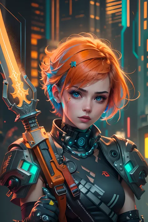 Beautiful princess, cyberpunk, dressed in armor, wielding medium-sized sword, short orange hair, hyper realistic, well-detailed face, vivid colors, dramatic colors, vaporwave, retrowave, colorful, artochrome, extremely detailed, 4k