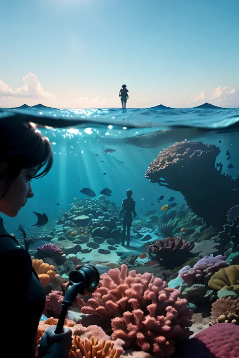 Silhouette of 2 female and male characters on the seabed looking at the surface in panoramic view.