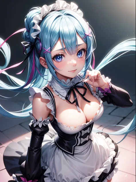 1girl,{{{HDR, RTX, UHD, 8K}}} {{{{1980s anime style:1.2}}}}, black_ribbon, blue_eyes, blue_hair, breasts, cleavage, detached_collar, detached_sleeves, hair_ornament, hair_over_one_eye, hair_ribbon, looking_at_viewer, maid, maid_headdress, medium_breasts, n...