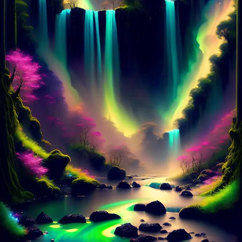 a painting of a stream in a forest with a waterfall in the background and a bright aurora bore above , chaingirldark style elega...