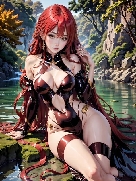 （Enrich the picture，Masterpiece level quality）Beautiful 8K CG artwork，Goddess-like posture，sittinng on the river，Postural exercises，Slim and soft，Translucent skin，Red hair、The beauty of extra-long hair, Super Long Straight Hair，The skin is fair and juicy，B...