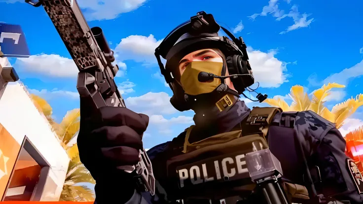 Theres a uniformed man holding a gun, FPS jogo de tiro, Jogo de FPS, estado policial, infantaria policial mecanizada, tiro em primeira pessoa, Closeup do policial, police, Swat, realismo no estilo de jogo fornite, GMD, Mais detalhes, Captura de tela de um ...