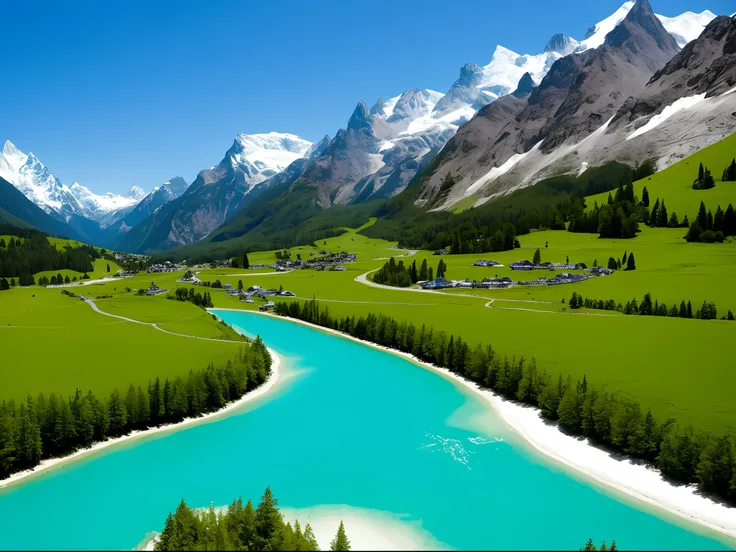 It details an alpine valley surrounded by great snow-capped peaks, where a river of turquoise waters meanders between green meadows dotted with alpine flowers and large leafy trees.