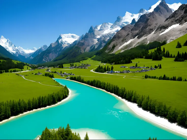 It details an alpine valley surrounded by great snow-capped peaks, where a river of turquoise waters meanders between green meadows dotted with alpine flowers and large leafy trees.