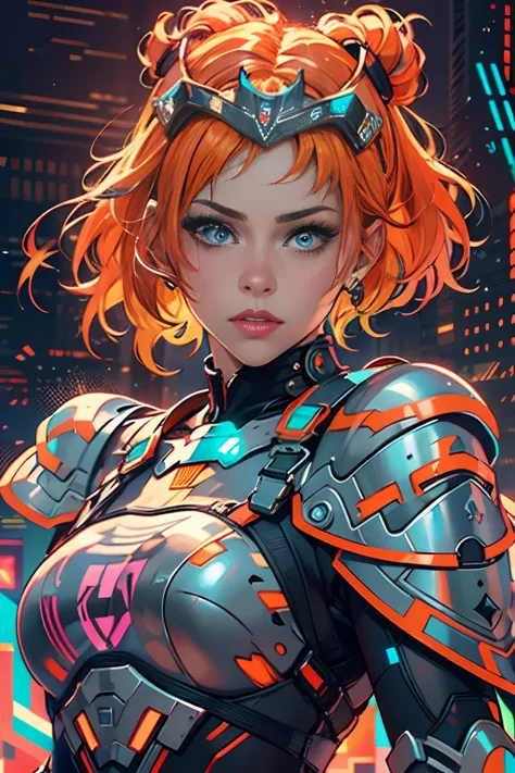 Beautiful princess, cyberpunk, dressed in armor, wielding medium-sized sword, short orange hair, hyper realistic, well-detailed face, vivid colors, dramatic colors, vaporwave, retrowave, colorful, artochrome, extremely detailed, 4k