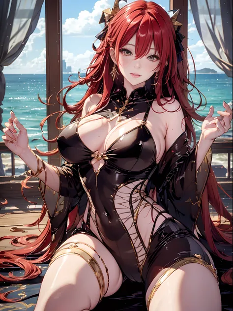 （Enrich the picture，Masterpiece level quality）Beautiful 8K CG artwork，Goddess-like posture，sittinng on the river，Postural exercises，Slim and soft，Translucent skin，Red hair、The beauty of extra-long hair, Super Long Straight Hair，The skin is fair and juicy，B...