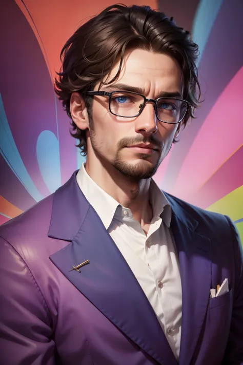 Intellectual Man Locking Eyes with the Camera, Against a Colorful and Psychedelic Background