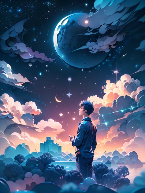 (((masterpiece))),best quality, illustration,  sky, cloud, star (symbol),1man, handsome man, short hair, night, moon, star (sky), night sky, starry sky, vibrant color scheme, Soft light,(warm color:1.2),Water color painting, light background, best quality ...