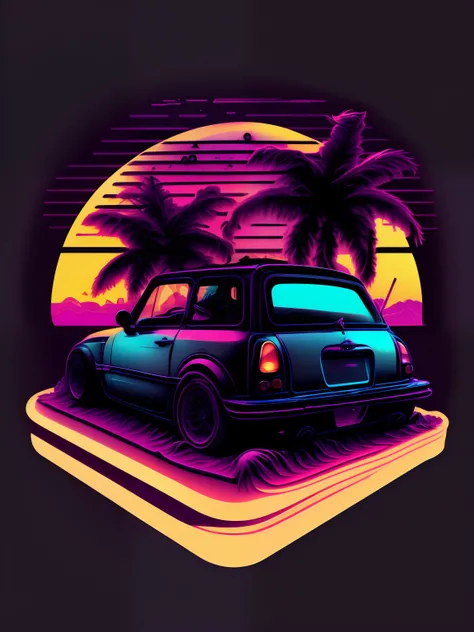 un mini Cooper frente a la puesta de sol, Estilo vaporwave, Neon style, soft lines, Arte de pegatina vectorial, Vector kernel, Detalles intrincados, Black T-shirt design, 8k