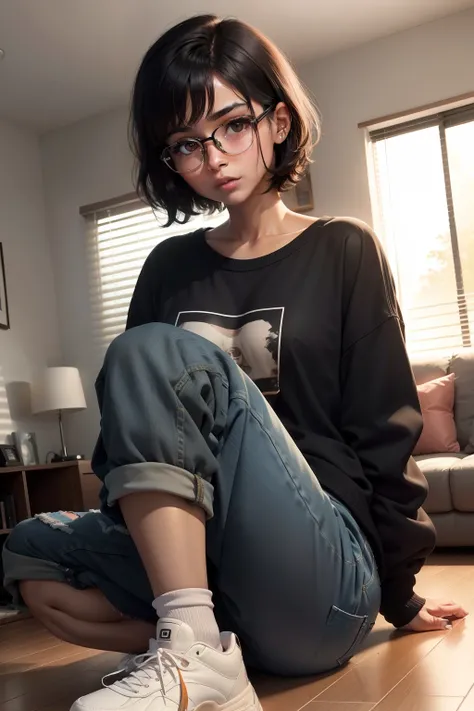 1girl, beautiful girl, wearing eyeglasses, brown skin, small mole on her right cheek, half body, Body Length 150 cm, 20 years old, (short black hair, Street hairstyle) , (black eyes), realistic eyes, beautiful and big eyes), masculine clothing, Boys clothe...