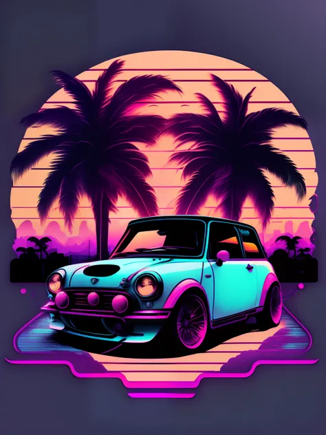 un mini Cooper frente a la puesta de sol, Estilo vaporwave, Neon style, soft lines, Arte de pegatina vectorial, Vector kernel, Detalles intrincados, fondo blanco , 8k