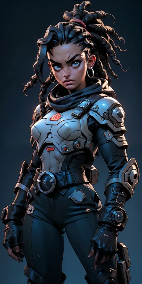 best quality, Ultra Detalhado, master part, 1 mulher negra de 18 anos, pele negra, Gears of War estilo Sci-Fi Fighter, Jogo de Gears of War, ((1 mulher negra de 18 anos, pele negra, cabelo dreadlock, rosto bonita, rosto bem desenhado, symmetrical face, det...