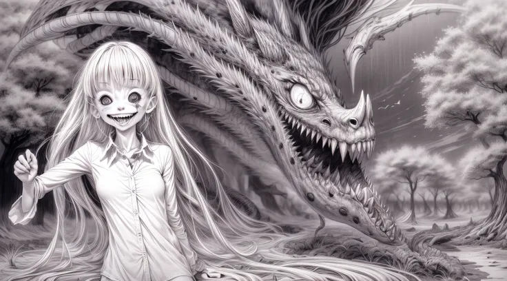 a black and white drawing of a monster and a woman on the ground, Open silk fully unbuttoned see through shirt, gigantic massive long saggy hanging down teardrop sagging dropping tits, smile, Sakura flower, Sakura trees, falling flowers, junji ito artwork,...