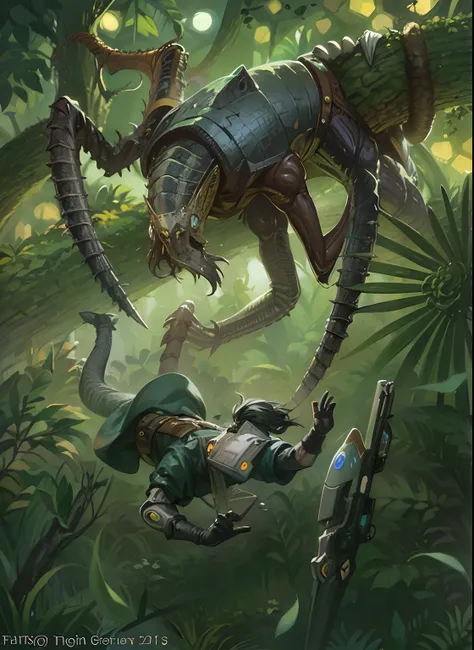 There is a man riding a giant worm in the jungle, epic fantasy sci fi illustration, insect like, award winning scifi art, Science fiction fantasy art, borne space library artwork, stefan koidl inspired, Inside the alien jungle, Alien jungle, high fantasy i...