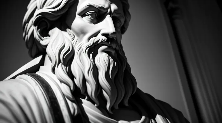 a black and white photo of a statue of a man with a beard, philosopher, stoicism, theophanes, inspired by Theophanes the Greek, by Theophanes the Greek, stoic attitude, godlike and stoic, portrait of aristotle, philosophical, philosopy, an ancient greek st...