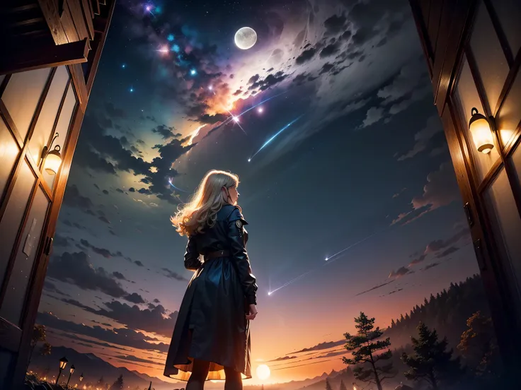 Expansive landscape photograph, (view from below with a view of the sky and wilderness below), a girl standing in a grass field looking up, long hair, blonde hair, glasses, ragged attire, (full moon: 1.2), (shooting star: 0.9), (nebula: 1.3), distant mount...