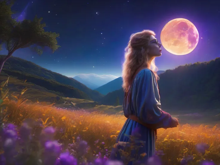 Expansive landscape photograph, (view from below with a view of the sky and wilderness below), a girl standing in a grass field looking up, long hair, blonde hair, glasses, ragged attire, (full moon: 1.2), (shooting star: 0.9), (nebula: 1.3), distant mount...