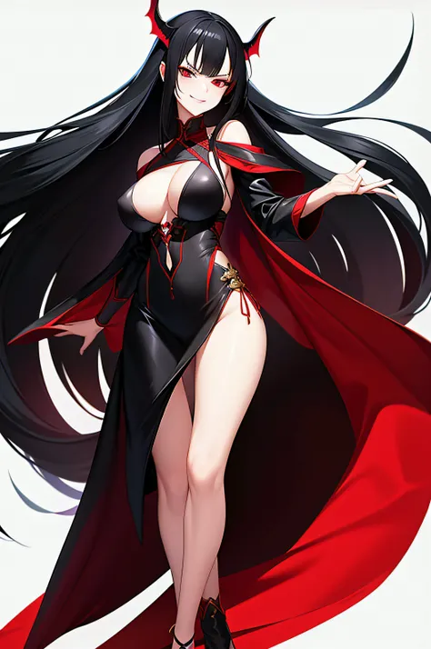 anime, woman, red eyes, very long black hair, mercenary outfit, sexy body, full-body, succubus, smirk