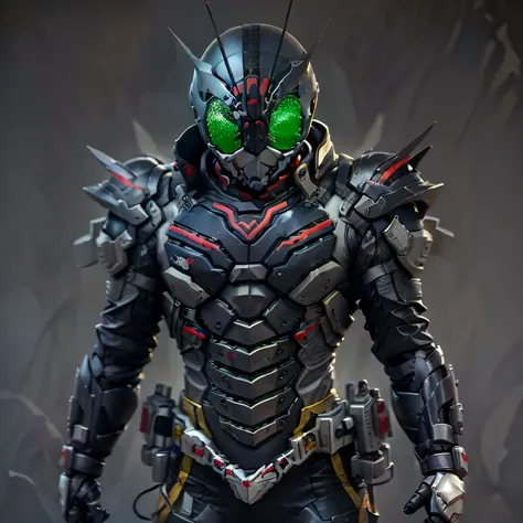 kamen rider, armadura preta, roupa cinzenta e preta, techsuit, agente secreto, roboto, sozinho