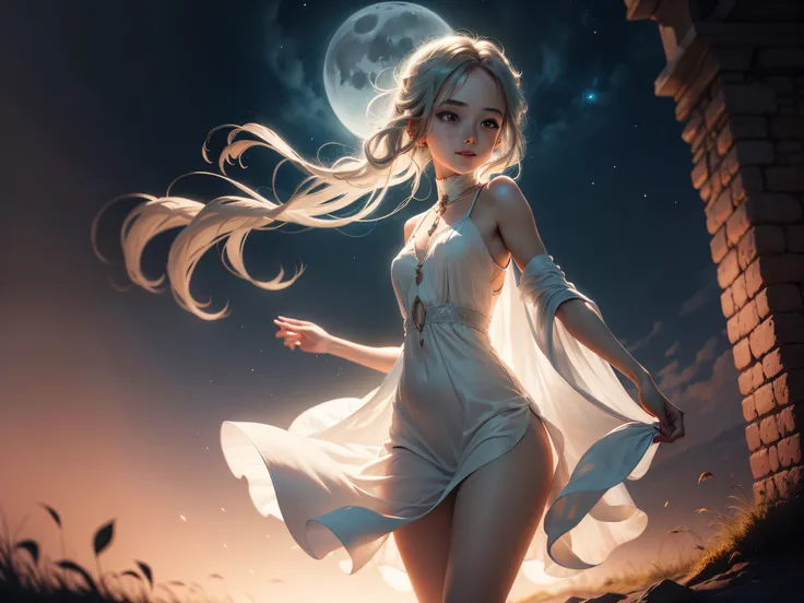 A breathtakingly beautiful girl with flowing silver hair dances gracefully under the moonlit sky, her radiant smile lighting up the dark night. The scene is ethereal, with soft moonlight casting a gentle glow on her porcelain skin and shimmering dress. The...