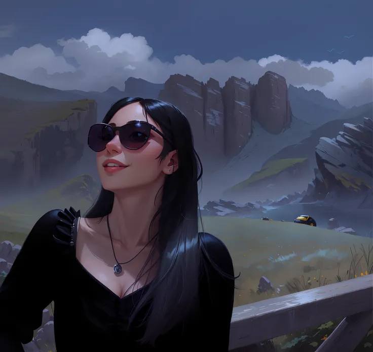 A girl,  Sexy and beautiful，Pursed his lips and smiled，Peerless beauty，Cartoony，cyber punk perssonage，sci-fy，Alpine scenery，blue-sky，Black sunglasses，Long black hair，Fair face，ultra clear details，Jet black lenses