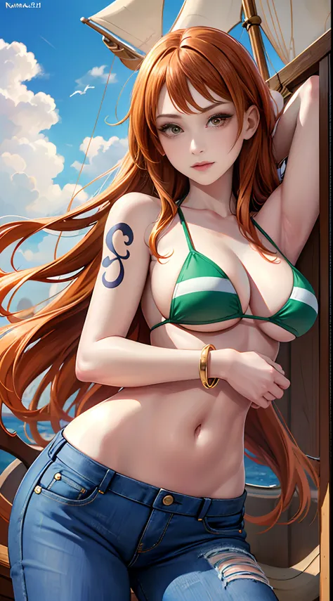 (((masterpiece+best quality+high resolution+ultra-detailed))), 1girl with clima-tact, Nami, long silky orange hair, high nose, sharp eyes, noble and inviolable temperament, (([female]: 1.2 + [beauty]: 1.2 + orange long hair: 1.2)), pirate ship background, ...