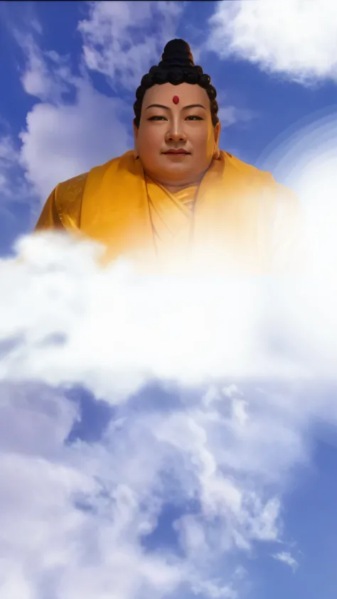 Buddha statue in the clouds，There is a bright sun above, a Buddhist Buddha, Buddhist, Buddha, beautiful gold saint, Buddhism, background-image, enlightening, Cloud, Enlightened, Beautiful image, samsara, Spiritual enlightenment, Asian, leaked image, portra...