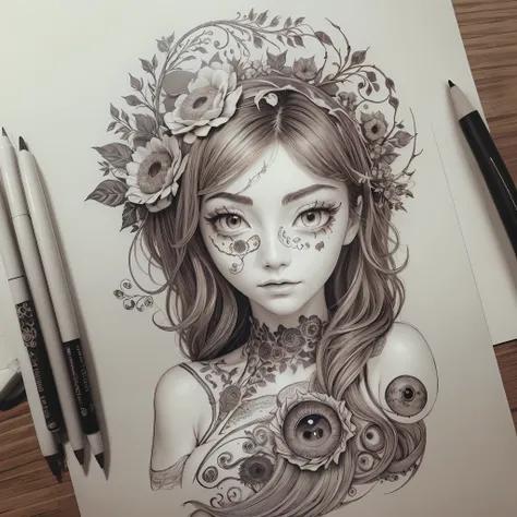 drawing of a flower with an eye on it, eyeball growing form tree branch, eyeball, ( all seeing eye ), all - seeing eye, kaethe butcher, 3rd eye, stalk eyes, single eye, all seeing eye, illustration in pen and ink, inspired by Ren Xun, pen and ink work. sha...