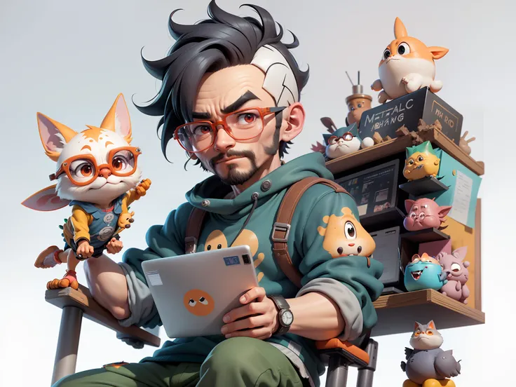 A young man with glasses sits at his desk，holding laptop，digitial painting，3D character design by Mark Clairen and Pixar and Hayao Miyazaki and Akira Toriyama，4K HD illustration，Very detailed facial features and cartoon-style visuals。