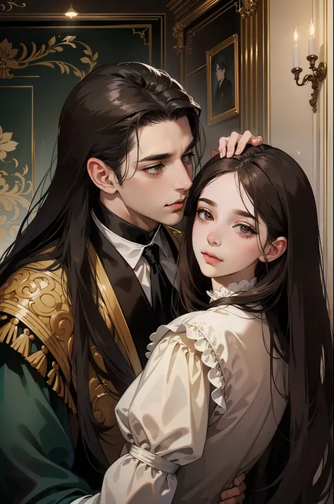 ((masterpieces)), best quality, outstanding illustration, a couple kissing, soft focus, 1 boy with long black hair, 1 girl with long brown hair, Victorian clothes, Victorian romanticism, opulent and exquisite atmosphere, soft light and warm lighting.