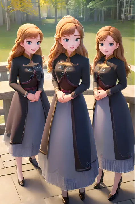 (masterpiece:1.4), (best qualit:1.4), (high resolution:1.4), anna of arendelle, long hair, outdoors, looking at viewer, smile, 3girls, trio, triplets, clones