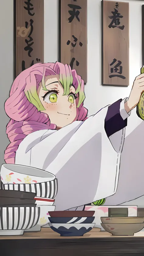 anime girl in a kimono outfit holding a bowl of food, illustrious makinami, Todays featured anime stills, demon slayer rui fanart, koyoharu gotouge, shirabii, inspired by Nishikawa Sukenobu, Kimetsu no yaiba, in the anime film, anime still frame, jojo anim...