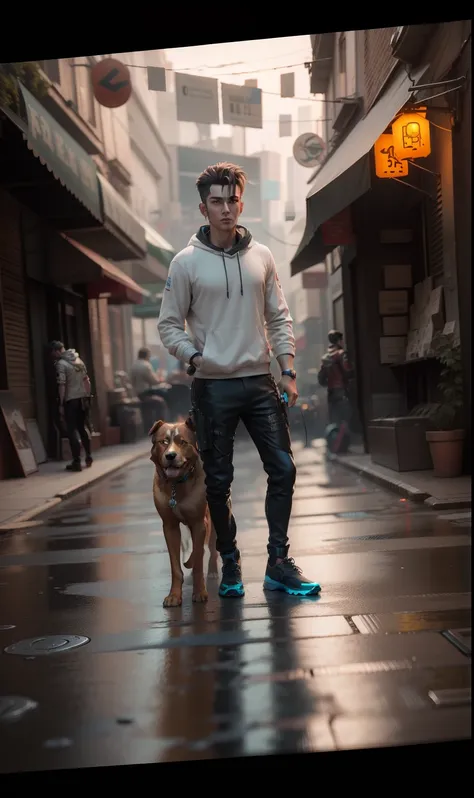 3d Cyberpunk handsome boy ultra realistic with dog 4k+HDR