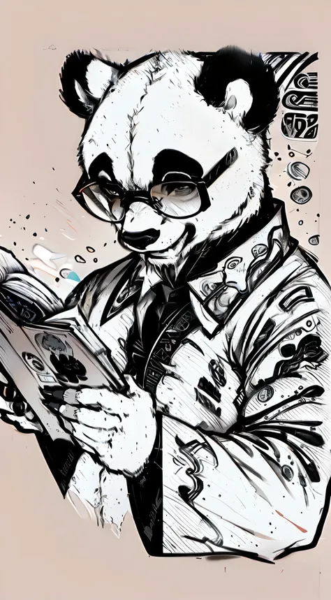 "logotipo, preto e branco, elegant panda bear with reading glasses"