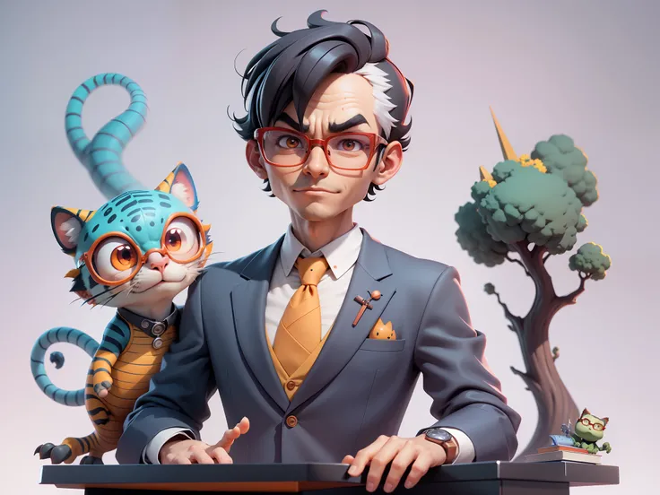 A young man in a suit, Short hair and glasses sat at his desk，holding laptop，digitial painting，tigre，3D character design by Mark Clairen and Pixar and Hayao Miyazaki and Akira Toriyama，4K HD illustration，Very detailed facial features and cartoon-style visu...