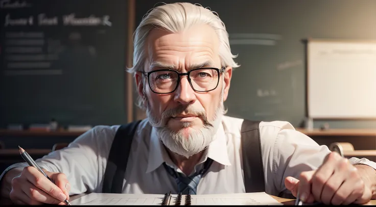 Drawing, A hyper-realistic, 8K, Extremely detailed, in the best quality, A Man, looking 50 years, teacher, with beard, and glasses, in class room.