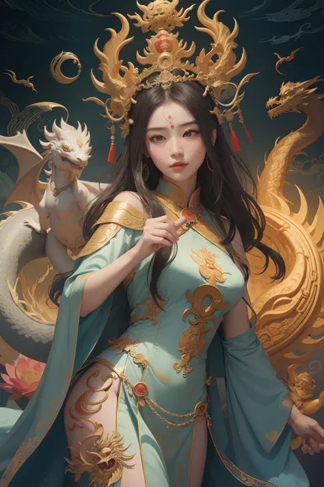 an ancient Chinese goddess, guanyin of the southern seas, Guanyin, Inspired by China, Avalokiteshvara rides a dragon，,Serene expression,shui mo hua,Buddha,Buddhist,Lotus,Chinese painting style,Thangka style