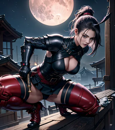 ninjartist，Squat on the roof of a house in the Edo period，A metal mask covers the lower half of the face，perfect bodies，Profesional photogarpher，Ultra HD 8K，hdr，the huge moon，Have a ninja knife in hand，Complex clothing textures，Clothing texture，armor，deep ...