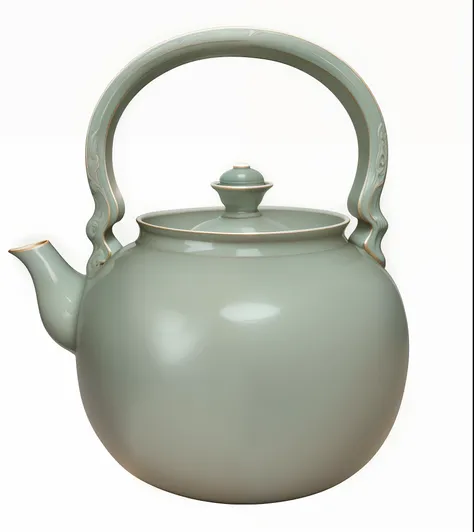 There was a white teapot，There are handles on a black background, with celadon glaze, celadon glaze, real porcelain texture effect, Song Dynasty, author：Hendrik Gretz Pot , ceramics, inspired by Hendrik Gerritsz Pot, (Japanese style interior background），Co...