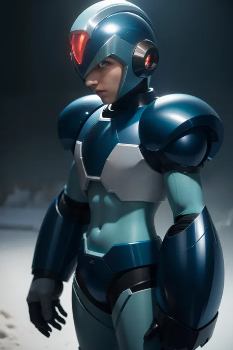 x_megamanx, solo, 1boy, male focus, helmet, android, blue armor, green eyes, masterpiece, high quality, arm cannon,