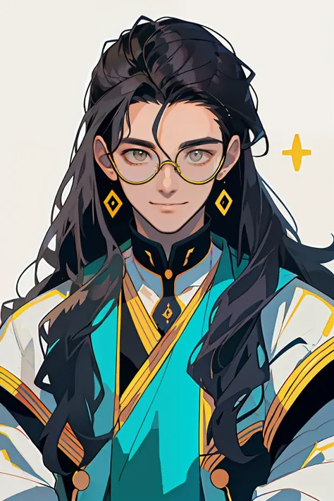 tmasterpiece，best qualtiy，Mature male，quadratic element，Handsome，ssmile，sportrait，very vey very detailed face，（Medium-long wavy hair），circle glasses