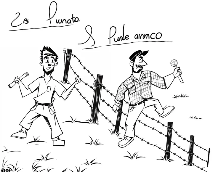 Cartoon of two men walking behind one near barbed wire, fundo com montanhas.