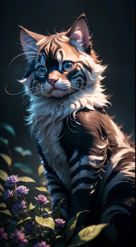 DreamShaper:3.2, Photography, BotanicalUSA, style of Paul Barson, A plant that looks like a fluffy maincooncat, blue  background, rim Light, bokeh , fog, macro, no add human